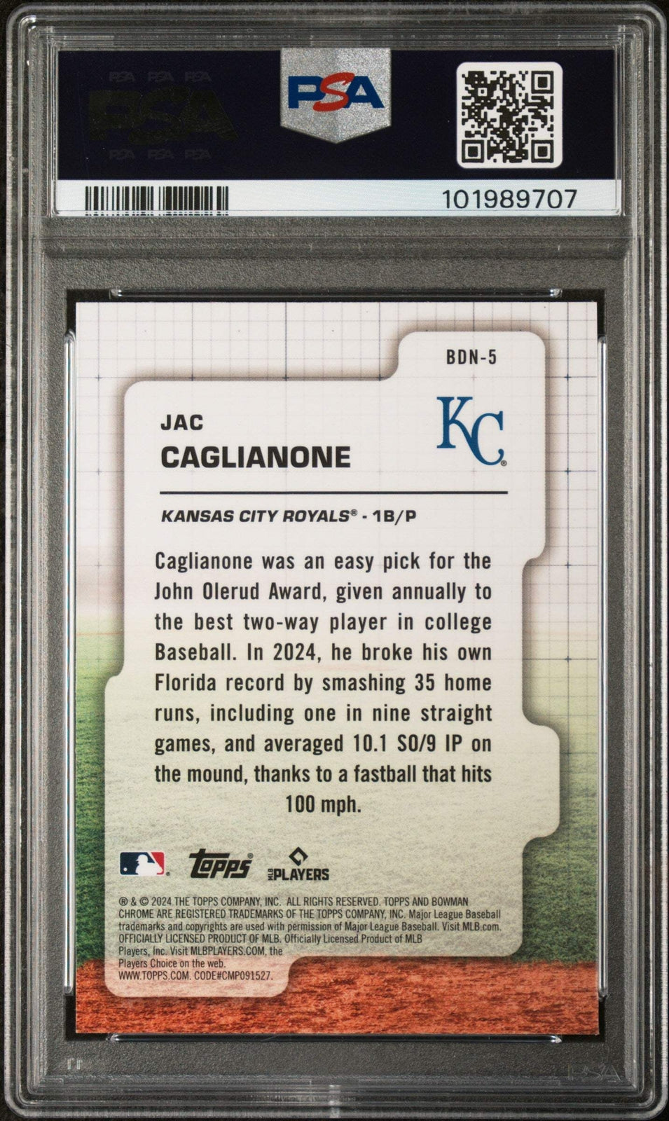 Graded 2024 Bowman Draft Jac Caglianone #BDN5 Draft Night Baseball Card PSA 10