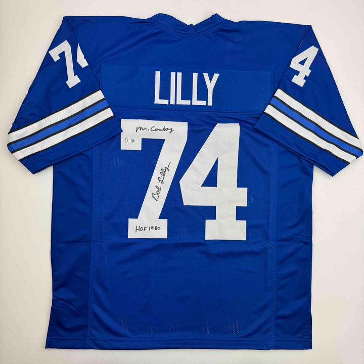 Autographed/Signed Bob Lilly HOF 80 Dallas Retro Blue Jersey JSA COA