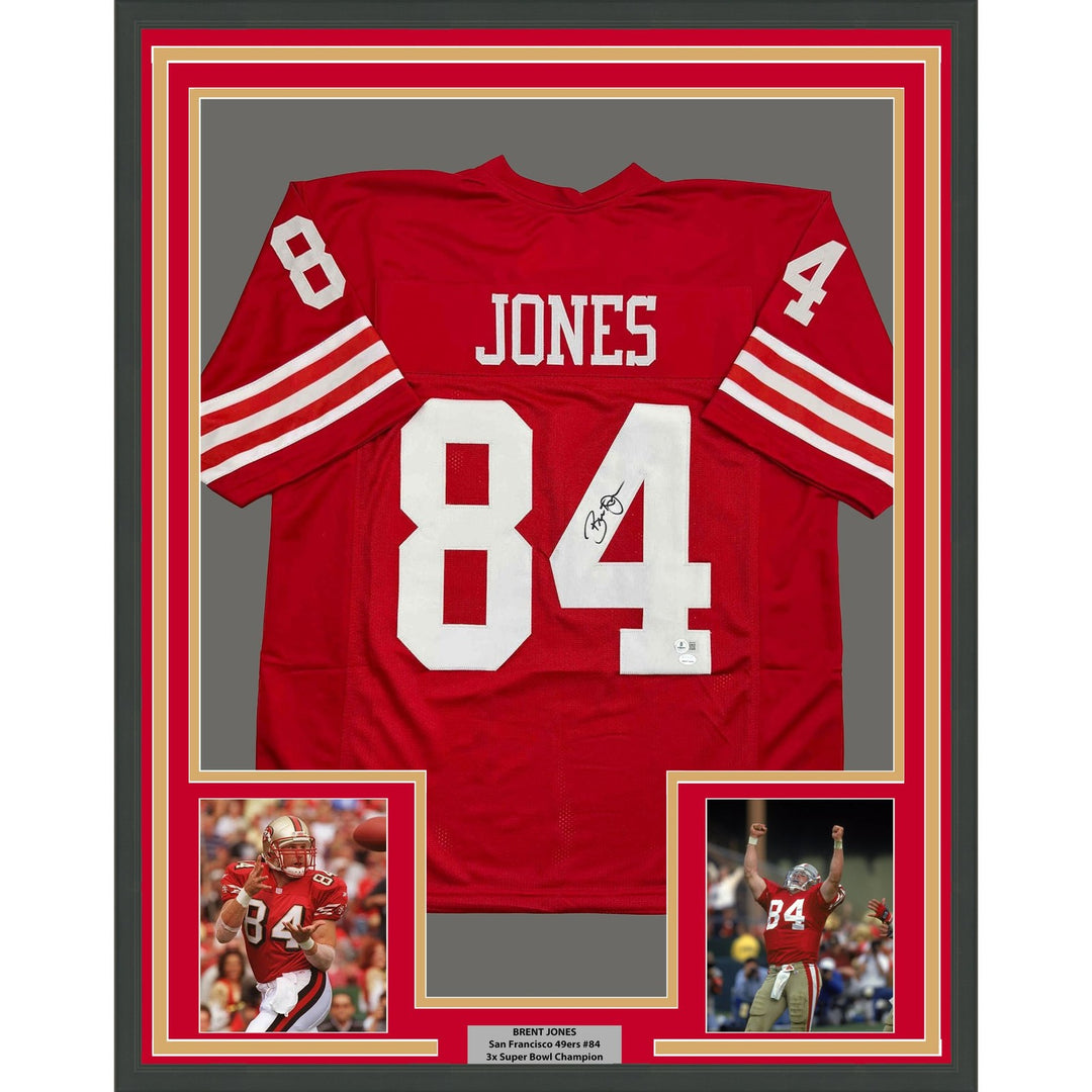Framed Autographed/Signed Brent Jones 35x39 SF Red Jersey Beckett COA