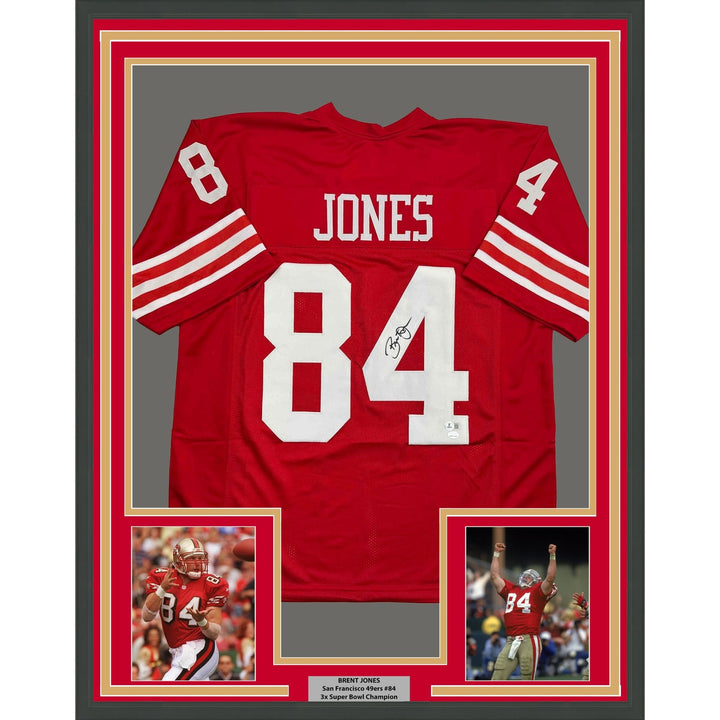 Framed Autographed/Signed Brent Jones 35x39 SF Red Jersey Beckett COA