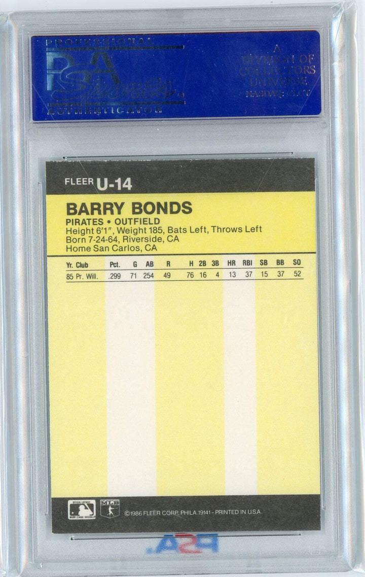 Graded 1986 Fleer Update Barry Bonds #U144444 Rookie RC Baseball Card PSA 8
