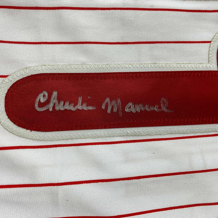 Framed Autographed/Signed Charlie Manuel 33x42 Pinstripe Jersey PSA/DNA COA
