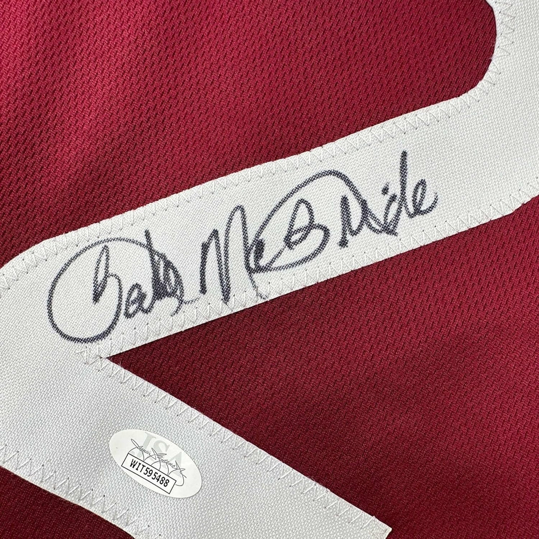 Framed Autographed/Signed Bake McBride 35x39 Retro Maroon Jersey JSA COA