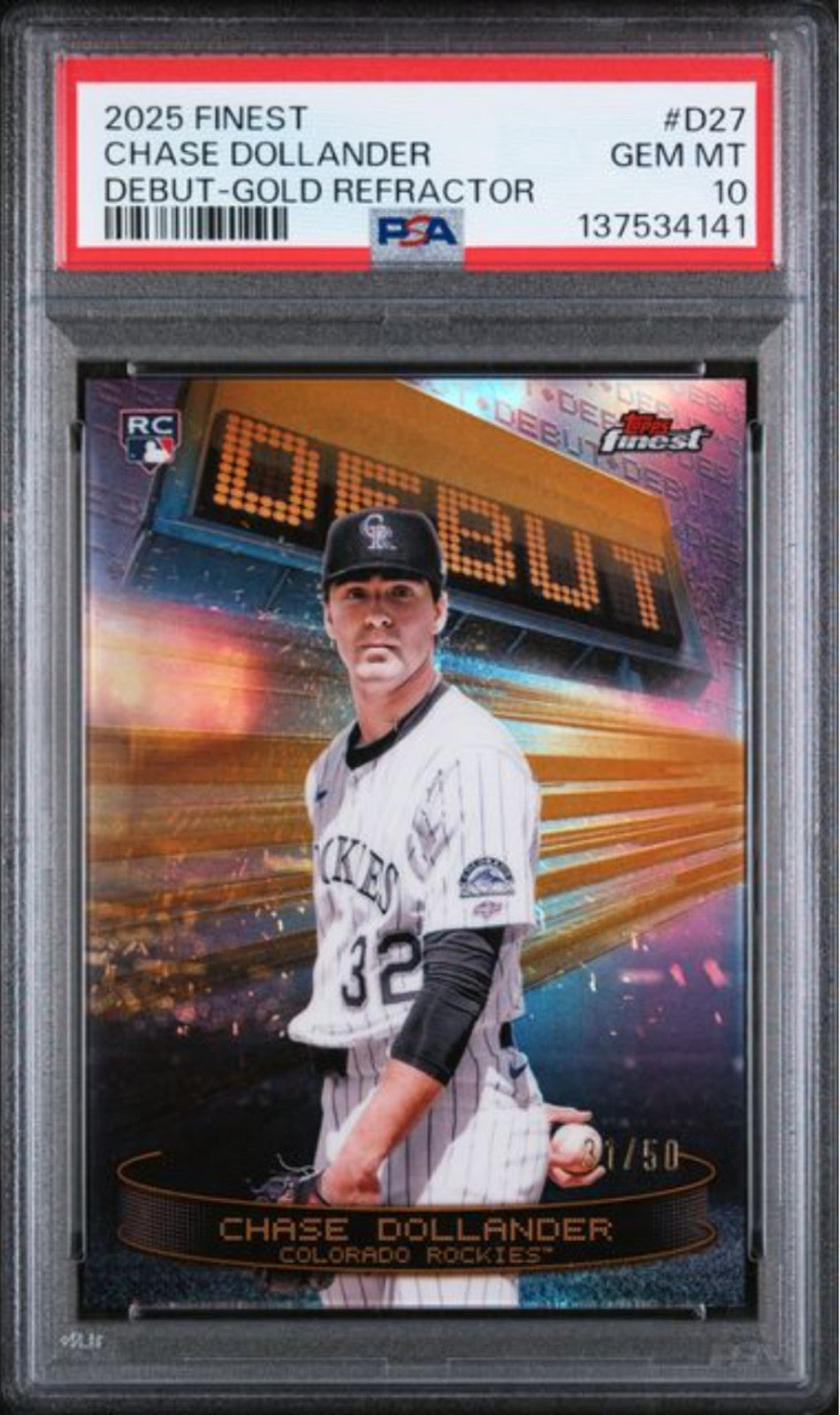 Graded 2025 Topps Finest Chase Dollander #D27 Debut Gold REF /50 RC Card PSA 10