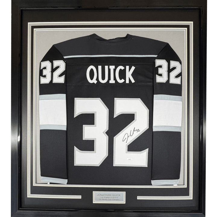 Framed Autographed/Signed Jonathan Quick 35x39 Los Angeles LA Black Jerse