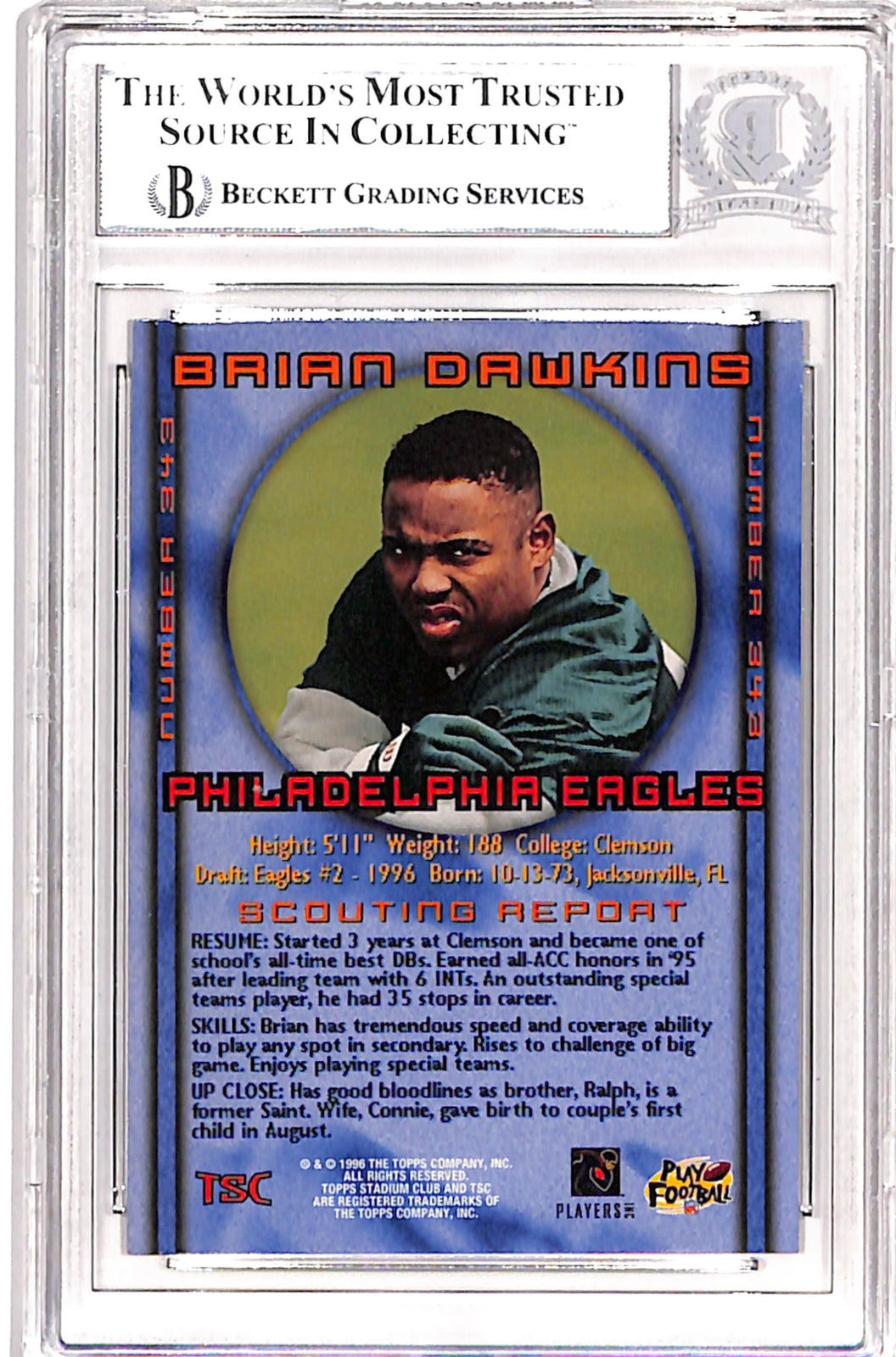 Brian Dawkins Signed 1996 Stadium Club #343 Trading Card Beckett 38815