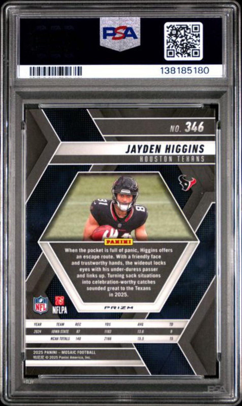 Graded 2025 Panini Mosaic Jayden Higgins 346 Red White Stripe Rookie Card PSA 10