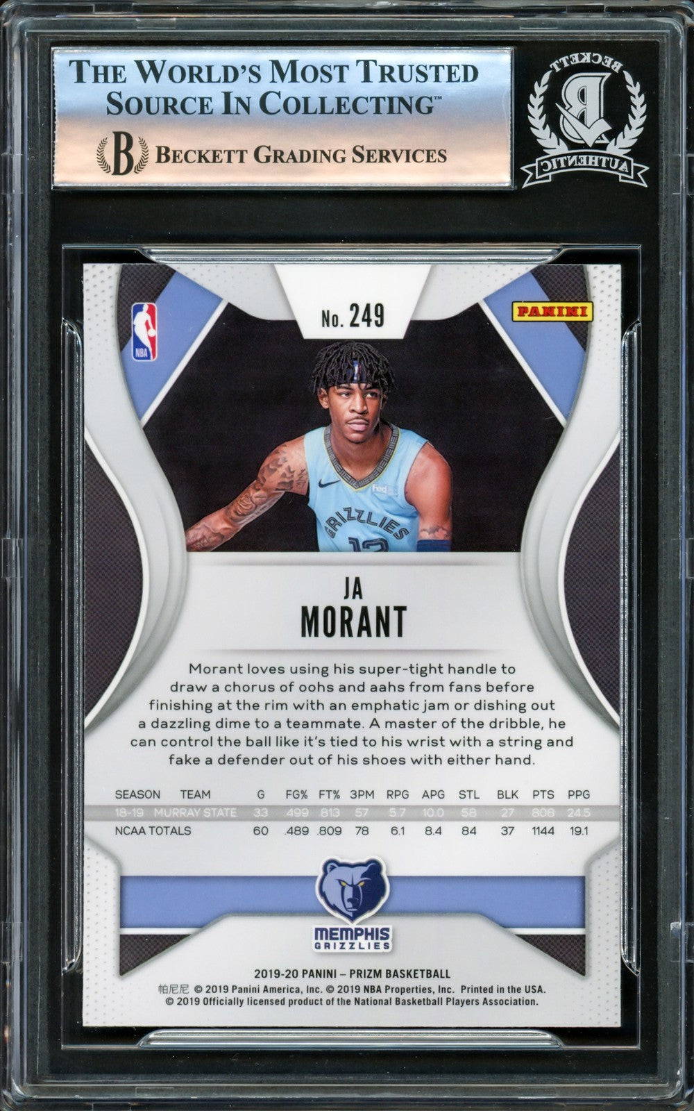 Ja Morant Signed 2019-20 Panini Prizm RC 249 Memphis Grizzlies Beckett