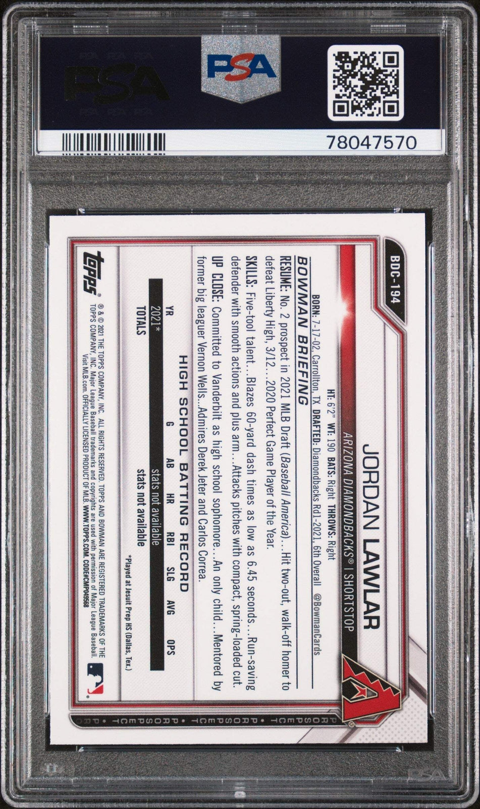 Graded 2021 Topps Bowman Draft Jordan Lawler #BDC194 Chrome Baseball Card PSA 10