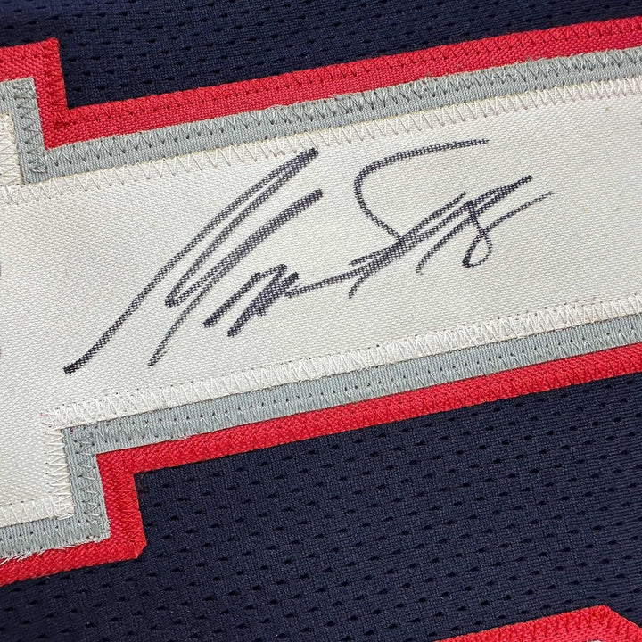 Framed Autographed/Signed Matthew Slater 33x42 New England Blue Jersey BAS COA