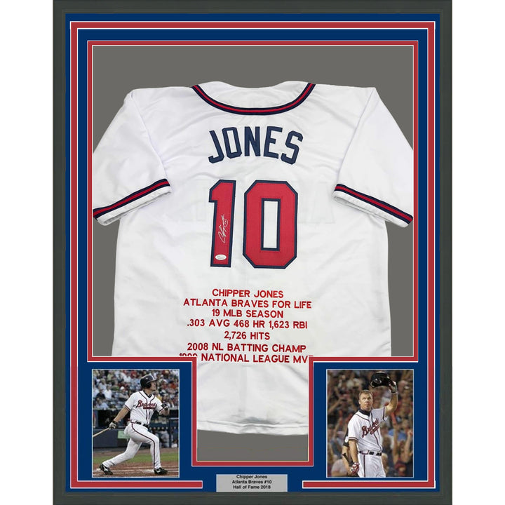 Framed Autographed/Signed Chipper Jones 35x39 Atlanta White Stat Jersey JSA COA