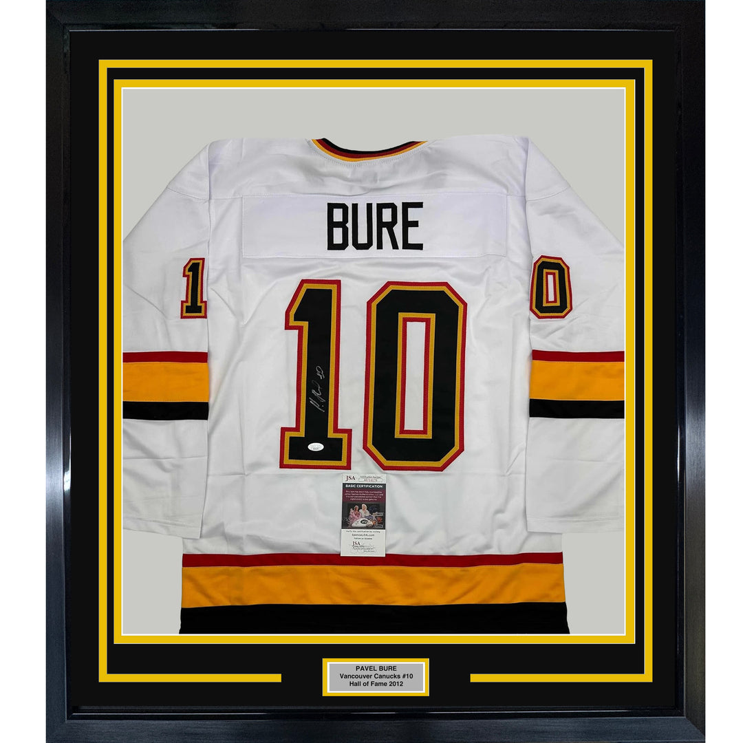 Framed Autographed/Signed Pavel Bure 35x39 Vancouver White Hockey Jersey JSA COA