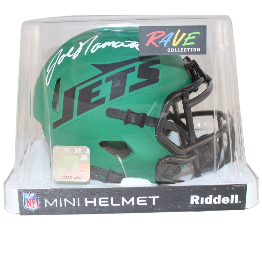 Joe Namath Autographed New York Jets Rave Mini Helmet Beckett Witness 48626