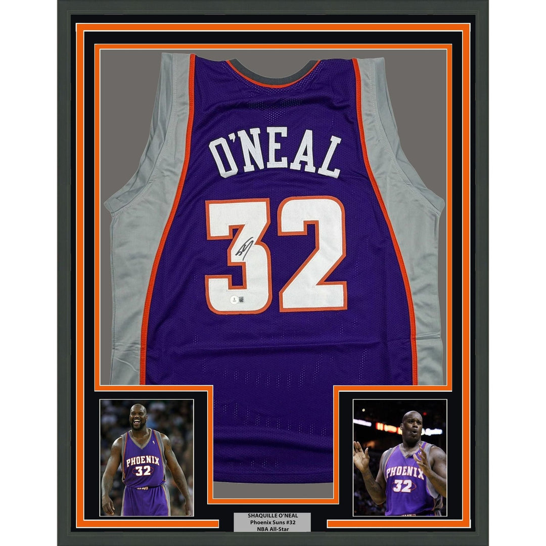 Framed Signed Shaquille Shaq O'Neal 35x39 Phoenix Purple Jersey Beckett COA