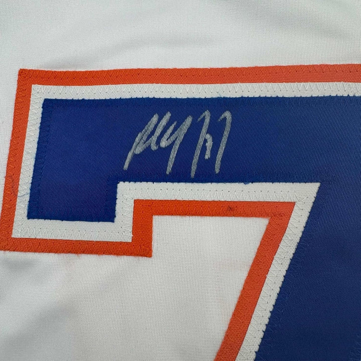 Framed Autographed/Signed Paul Coffey 35x39 Edmonton White Jersey JSA COA