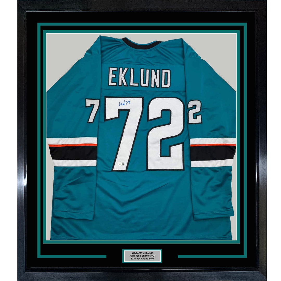Framed Autographed/Signed William Eklund 35x39 San Jose Teal Jersey Beckett COA