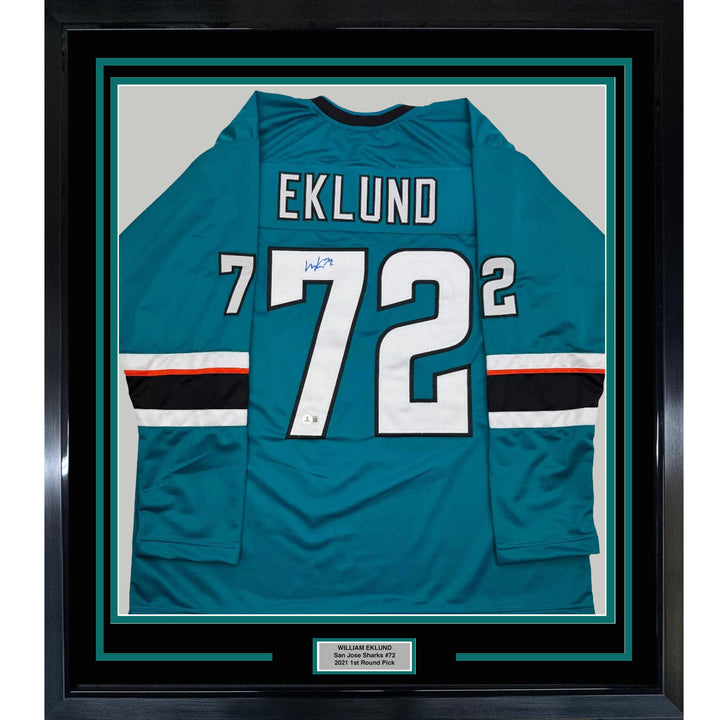 Framed Autographed/Signed William Eklund 35x39 San Jose Teal Jersey Beckett COA