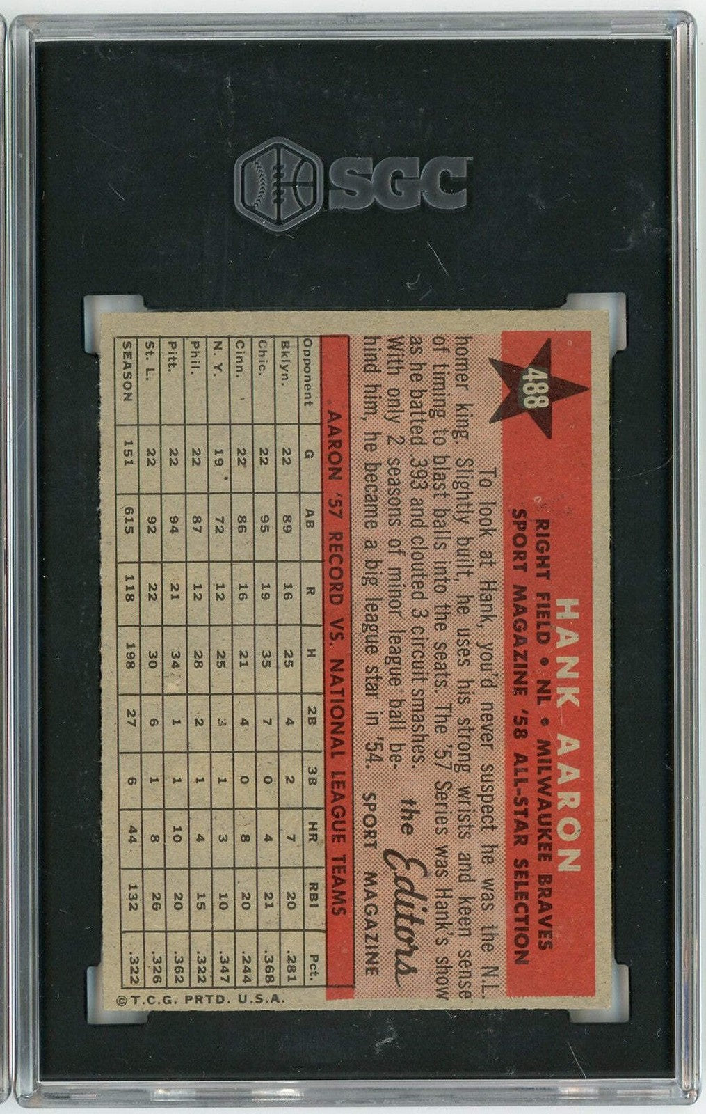 Graded 1958 Topps All Star Hank Aaron #488 Baseball Card SGC 6 EX-NM
