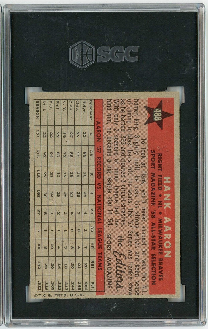 Graded 1958 Topps All Star Hank Aaron #488 Baseball Card SGC 6 EX-NM