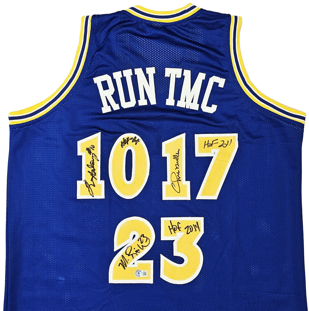 Warriors Chris Mullin, Tim Hardaway, Richmond Auto Blue Jersey Run TMC HOF BAS