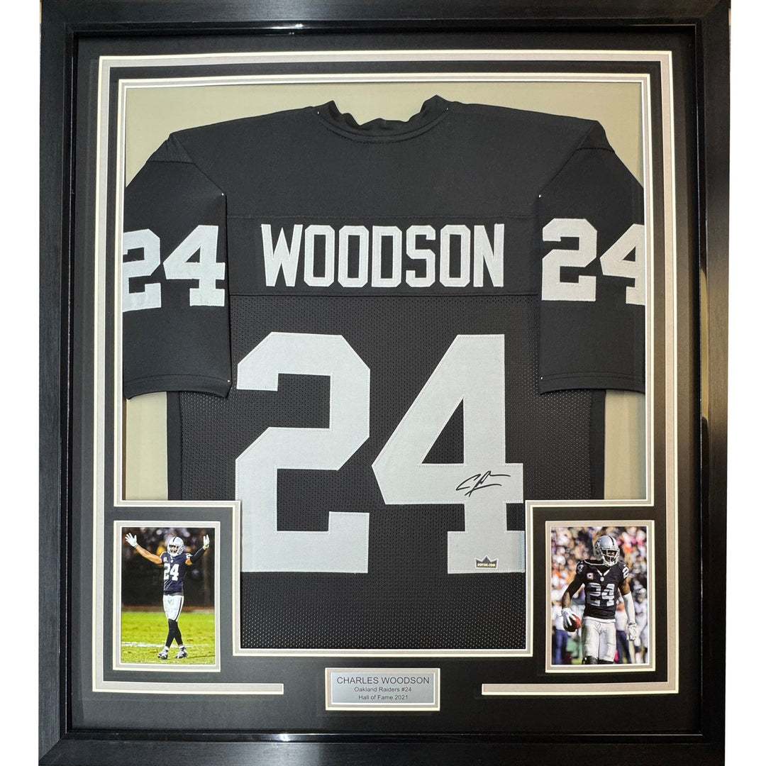 Framed Facsimile Autographed Charles Woodson 35x39 Black Reprint Jersey