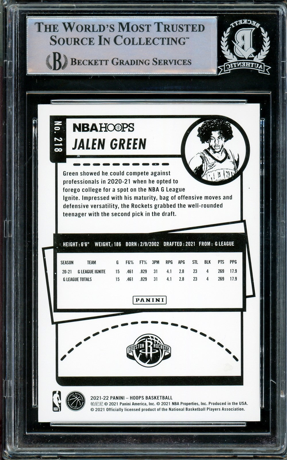 Jalen Green Autographed Signed 2021-22 NBA Hoops RC 218 Houston Rockets Beckett