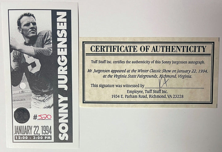 Sonny Jurgensen signed Washington Commanders  Vintage 8x10 Photo-COA/Show Ticket