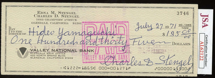 Casey Stengel JSA Coa Signed 1971 Check Autograph