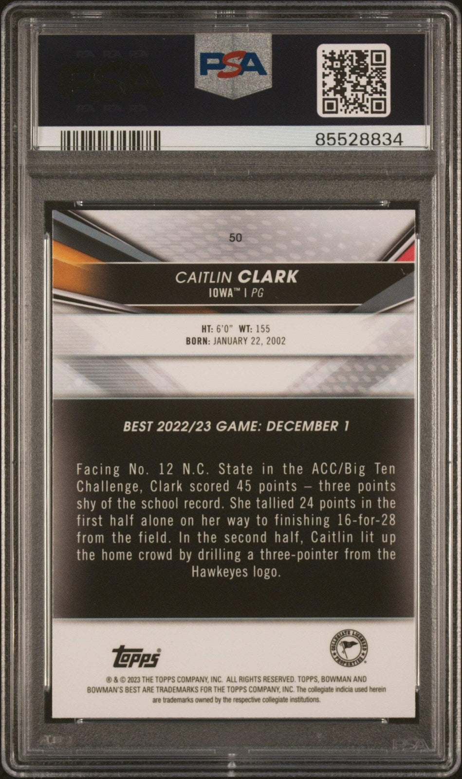 Graded 2022 Topps Bowman Uni Best Caitlin Clark #50 RC Basketball Card PSA 9