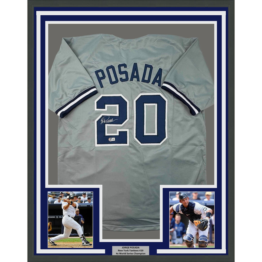 Framed Autographed/Signed Jorge Posada 35x39 New York Grey Jersey BAS COA