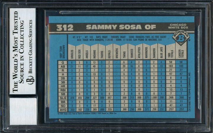 Sammy Sosa Signed 1990 Bowman RC #312 Chicago White Sox Auto Grade 10 Beckett