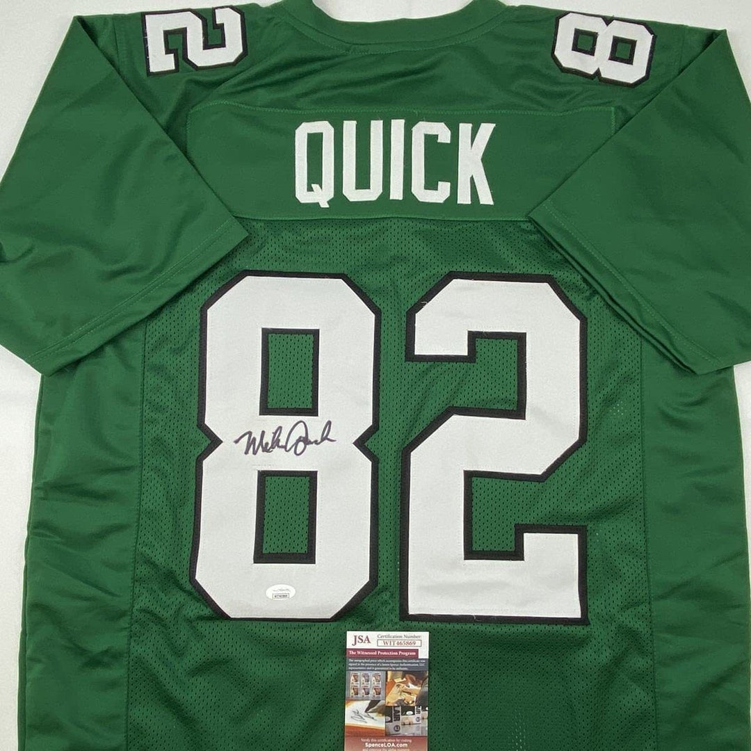 Autographed/Signed MIKE QUICK Philadelphia Kelly Green Football Jersey JSA COA