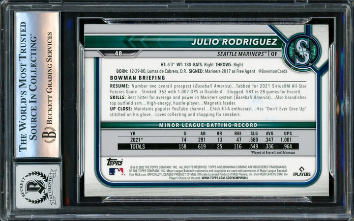 Julio Rodriguez Signed 2022 Bowman Chrome RC 48 Mariners Auto GM 10 Beckett