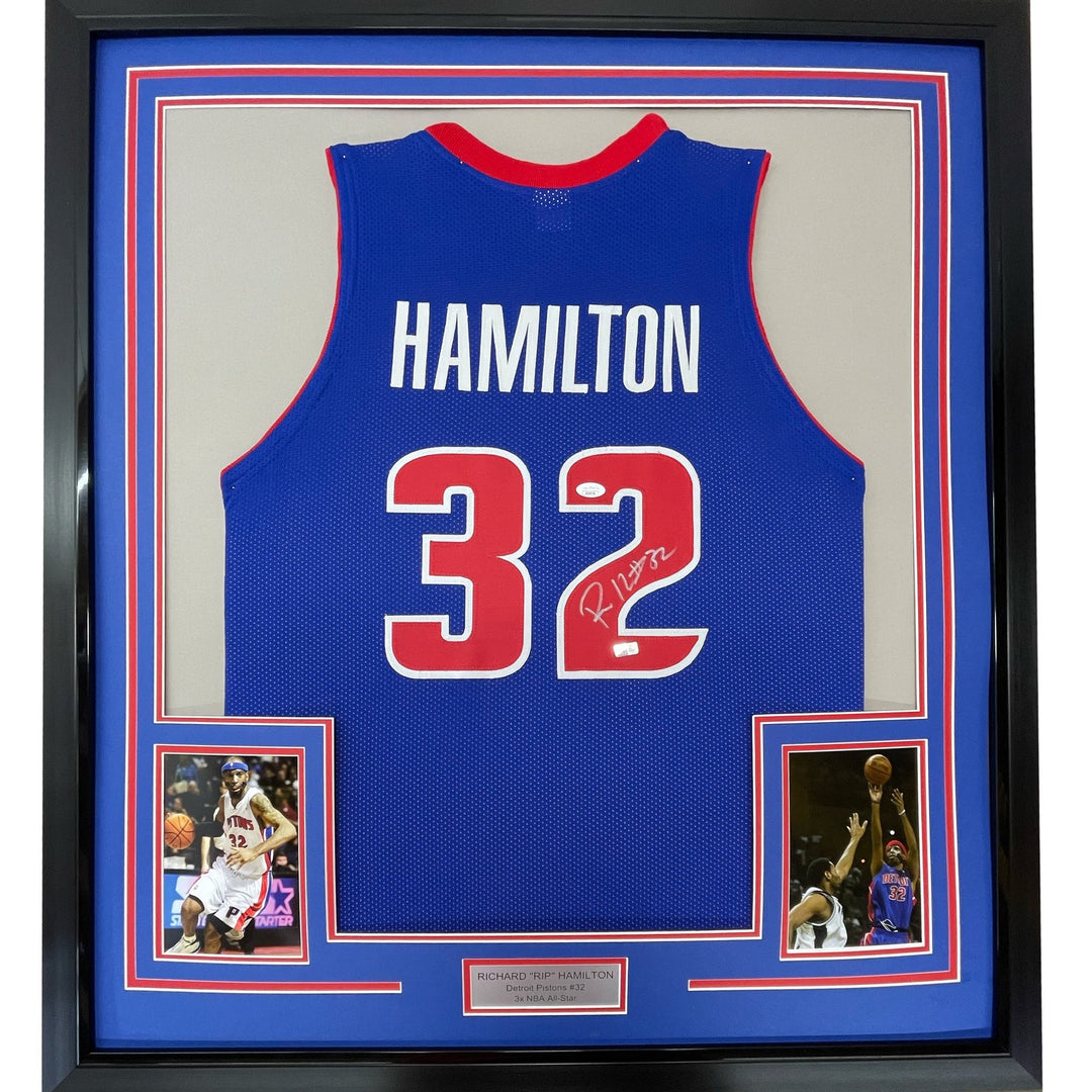 Framed Signed Richard Rip Hamilton 35x39 Detroit Blue Jersey JSA COA