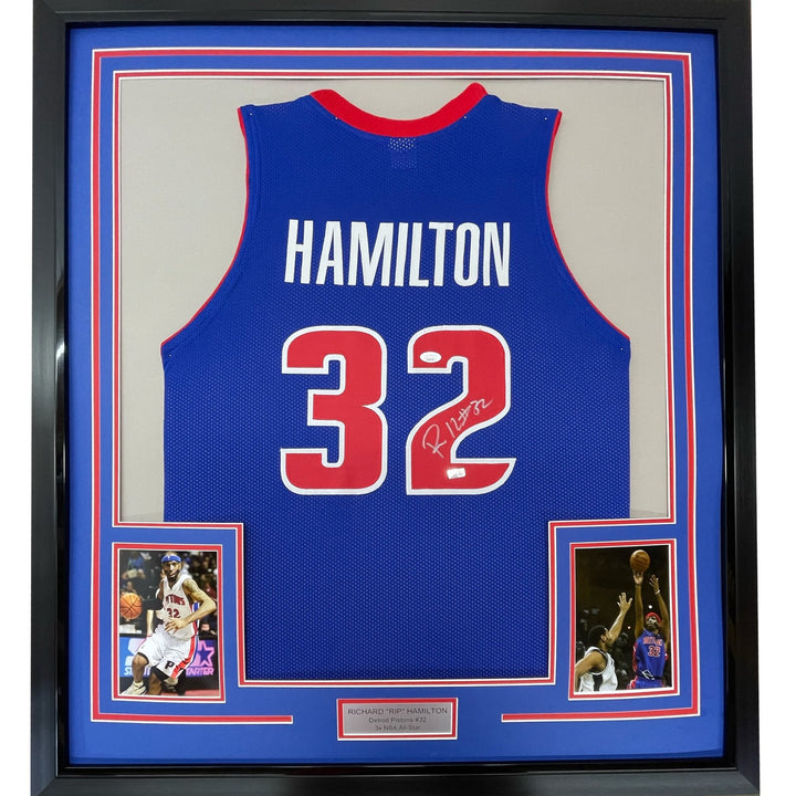 Framed Signed Richard Rip Hamilton 35x39 Detroit Blue Jersey JSA COA