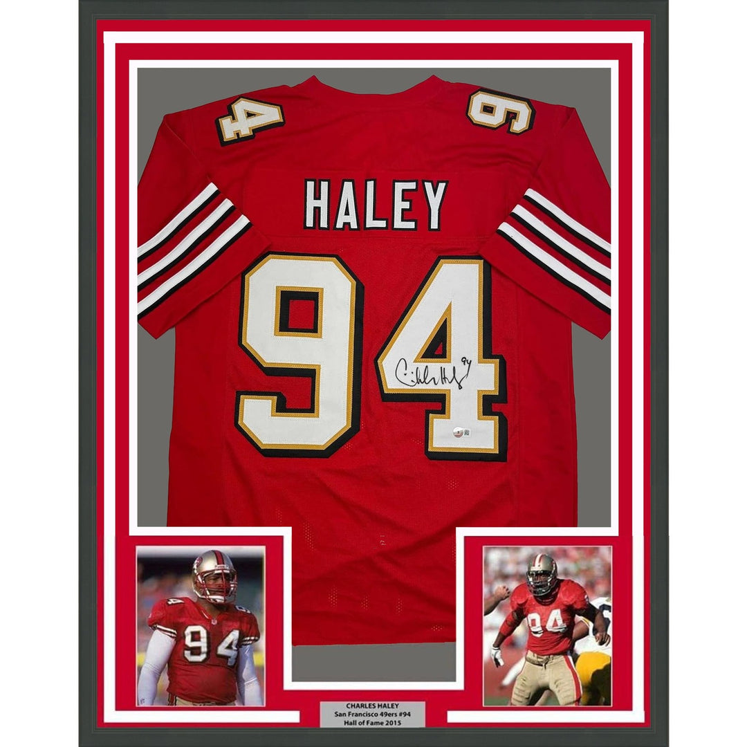 Framed Signed Charles Haley 35x39 San Francisco Red ALT Jersey JSA COA