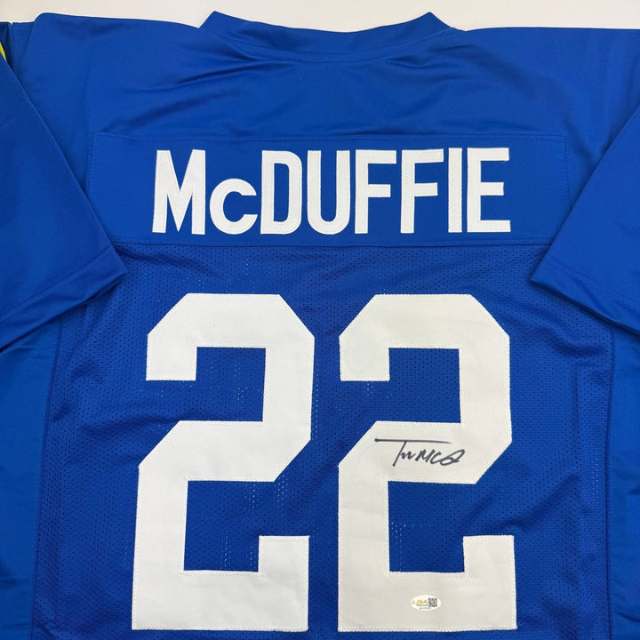 Autographed/Signed Trent McDuffie Los Angeles LA Blue Football Jersey BAS COA