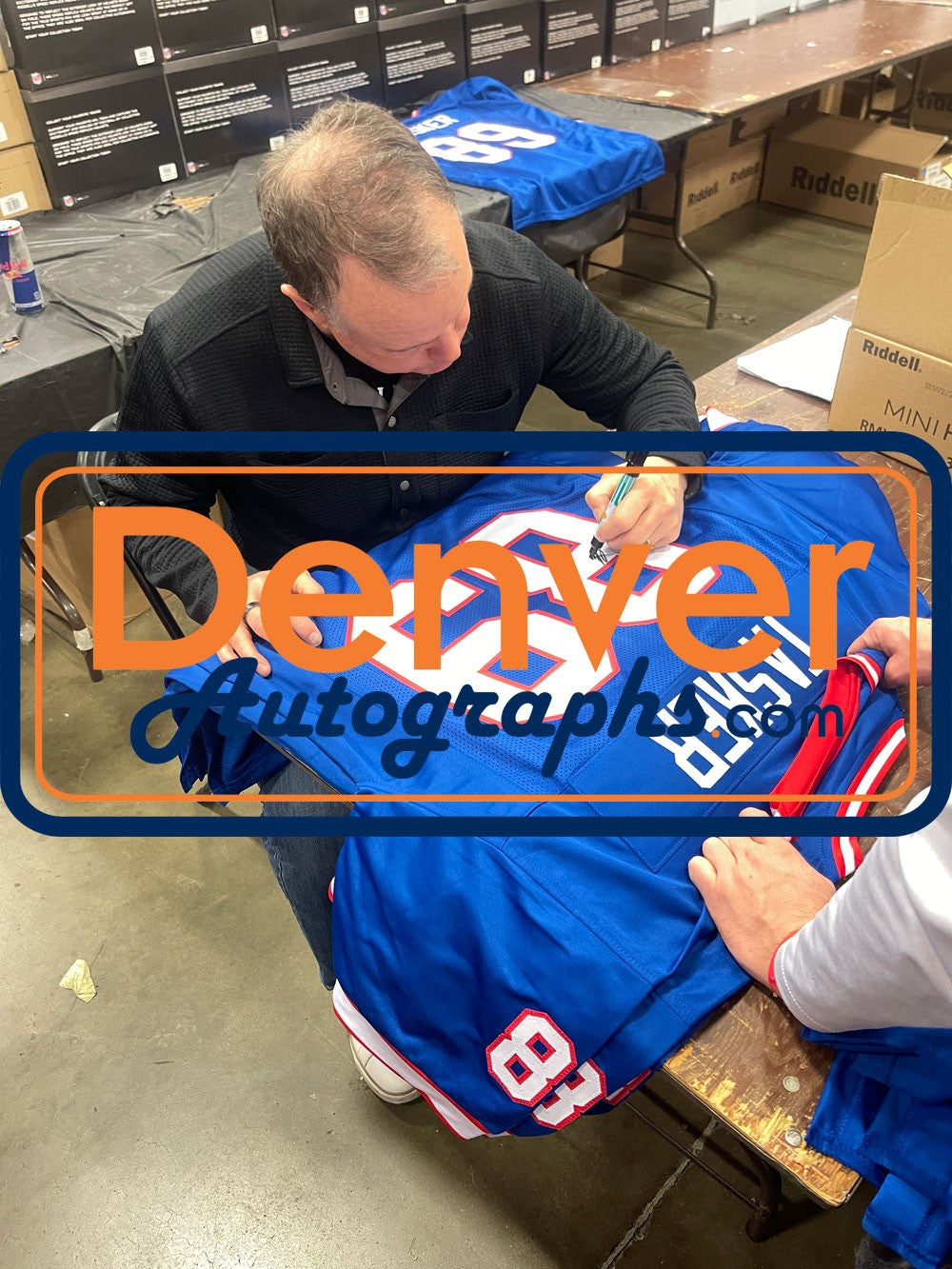 Steve Tasker Autographed Pro Style Size XL Blue Jersey Beckett Witness 50909