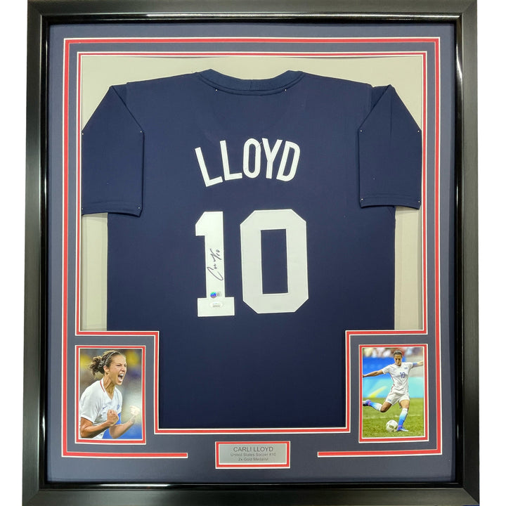 Framed Autographed Carli Lloyd 33x42 Navy Blue Team USA World Cup Jersey JSA COA