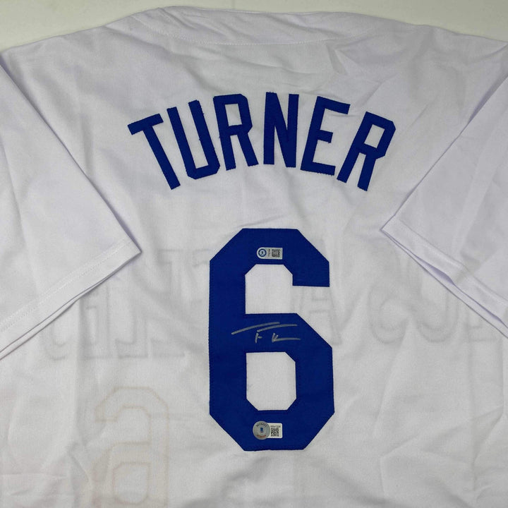 Autographed/Signed Trea Turner Los Angeles LA White Jersey Beckett BAS COA