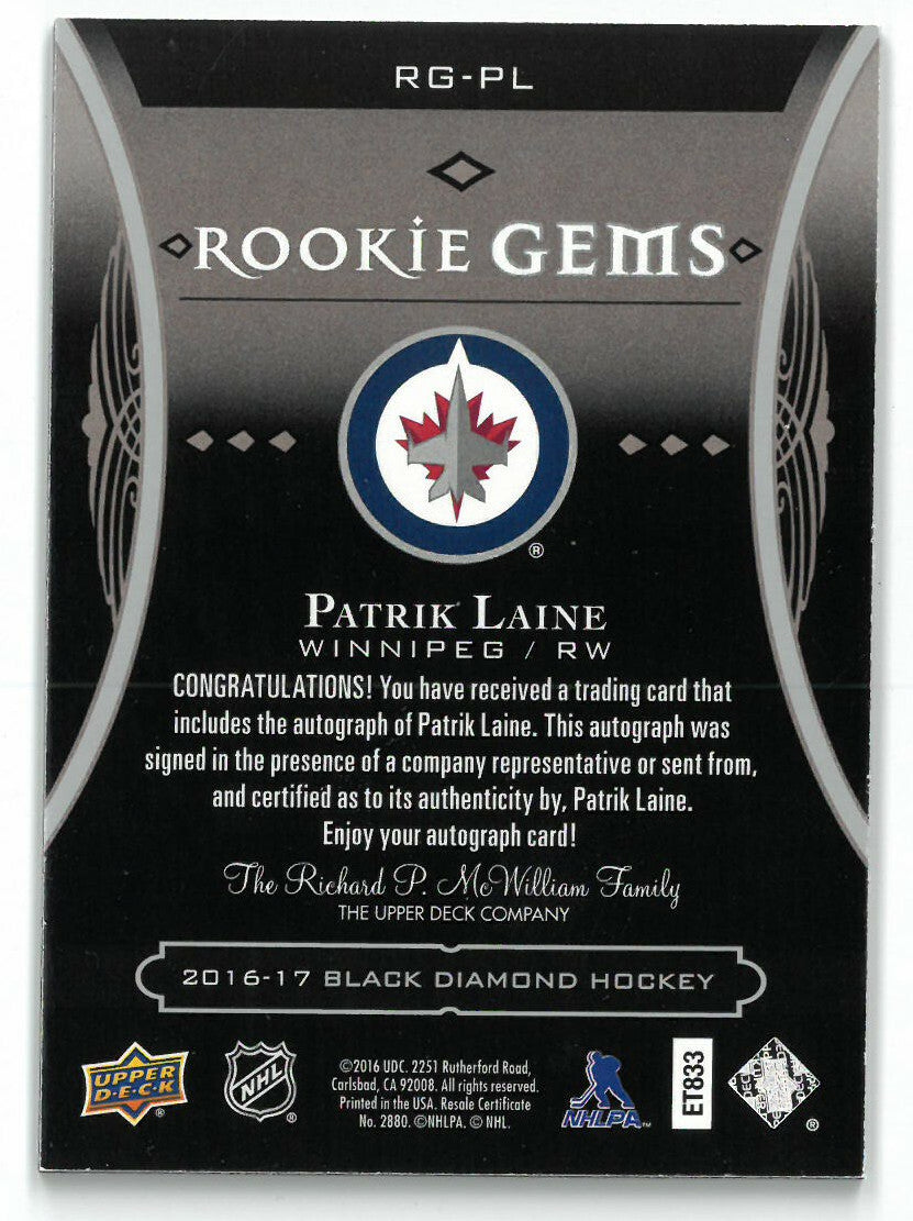 Patrik Laine signed 2016-17 Upper Deck Black Diamond Rookie Gems Card (RC) 12/99
