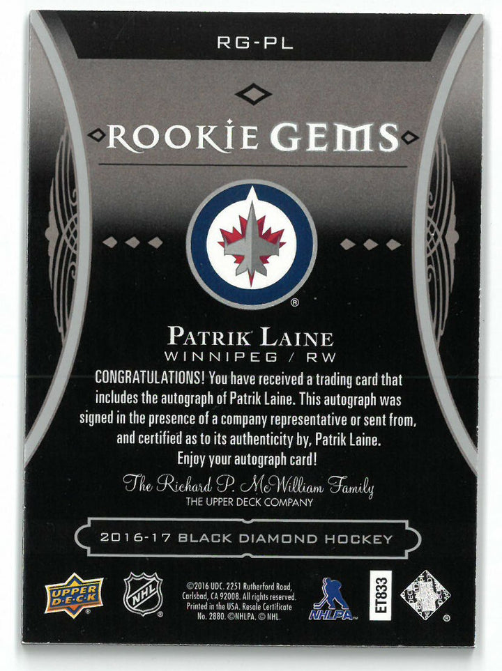 Patrik Laine signed 2016-17 Upper Deck Black Diamond Rookie Gems Card (RC) 12/99