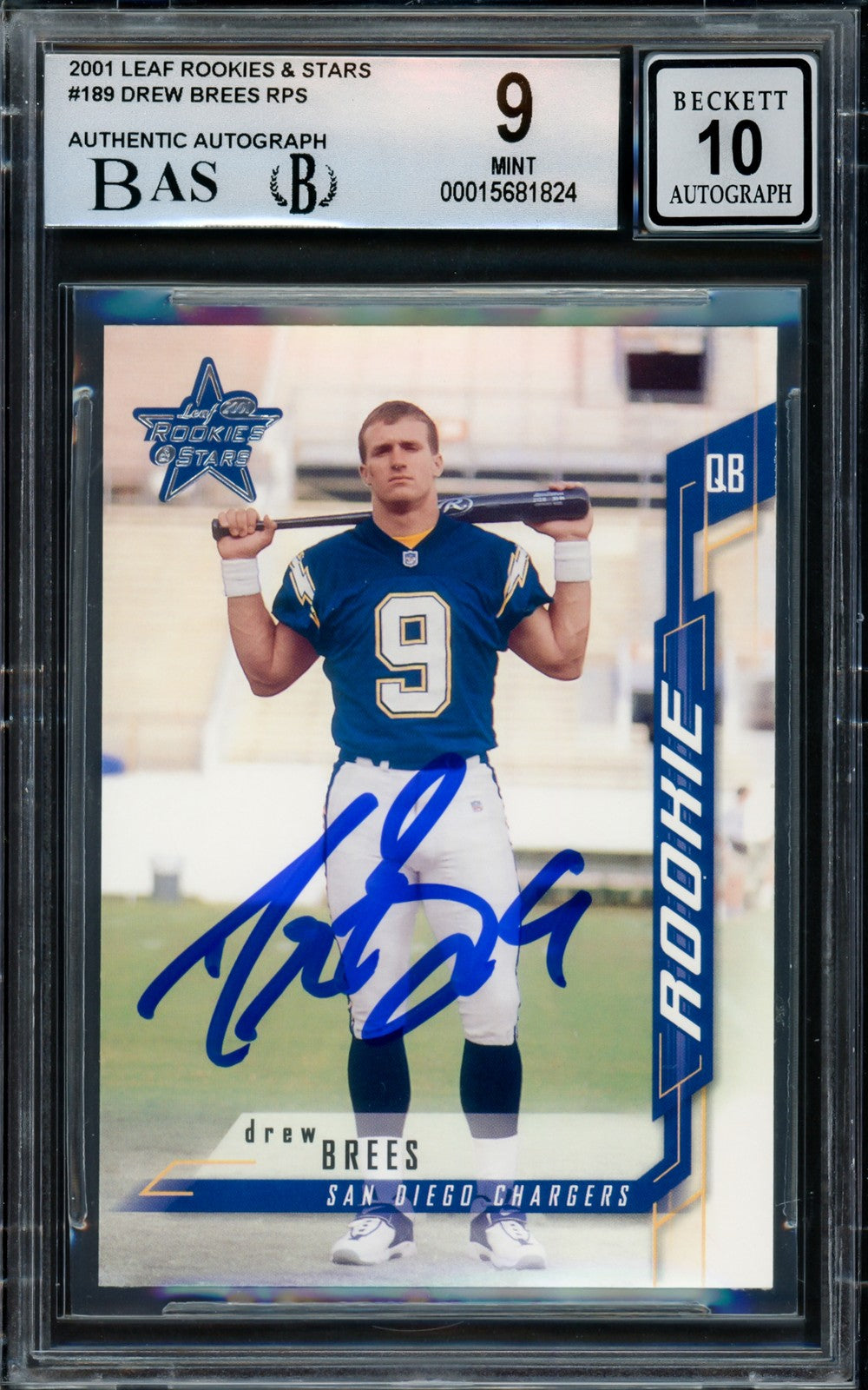 Drew Brees Signed 2001 Leaf Rookies & Stars RC 189 Chargers BGS 9 Sig 10 Beckett