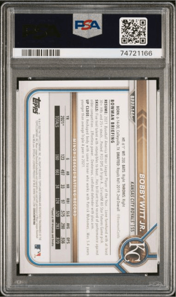 Graded 2022 Topps Bowman 1st Edition Bobby Witt Jr #BPPF146 RC Card PSA 10