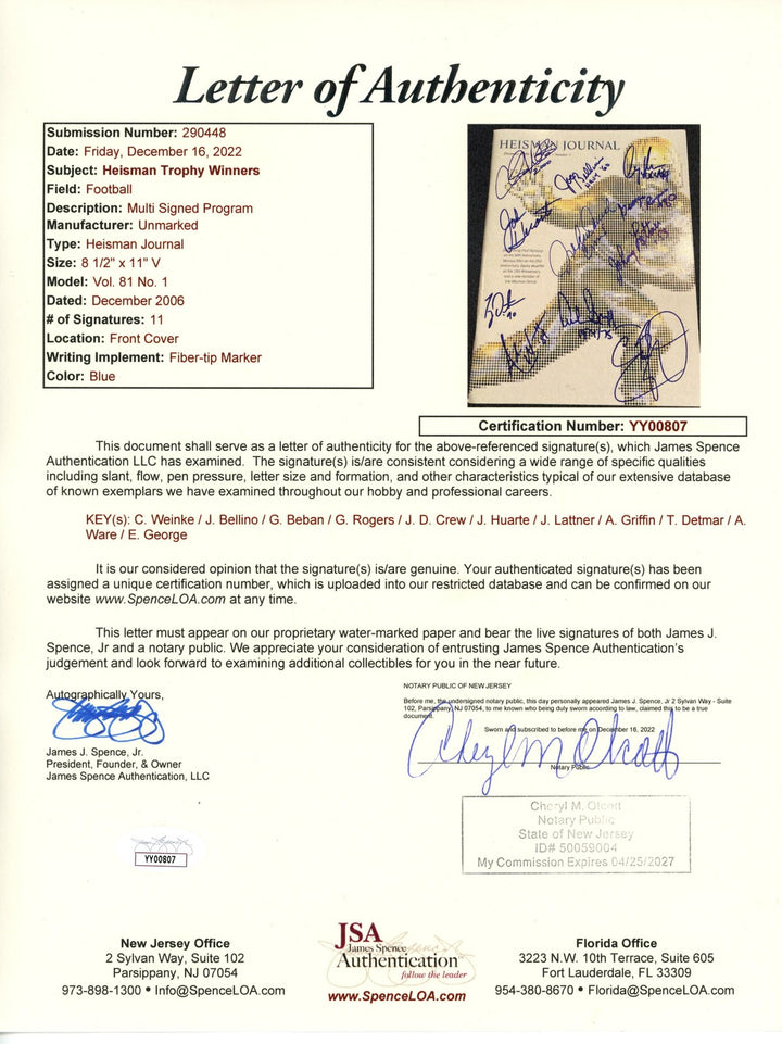 Archie Griffin Joe Bellino Eddie George +8 Signed Heisman Journal JSA 55102