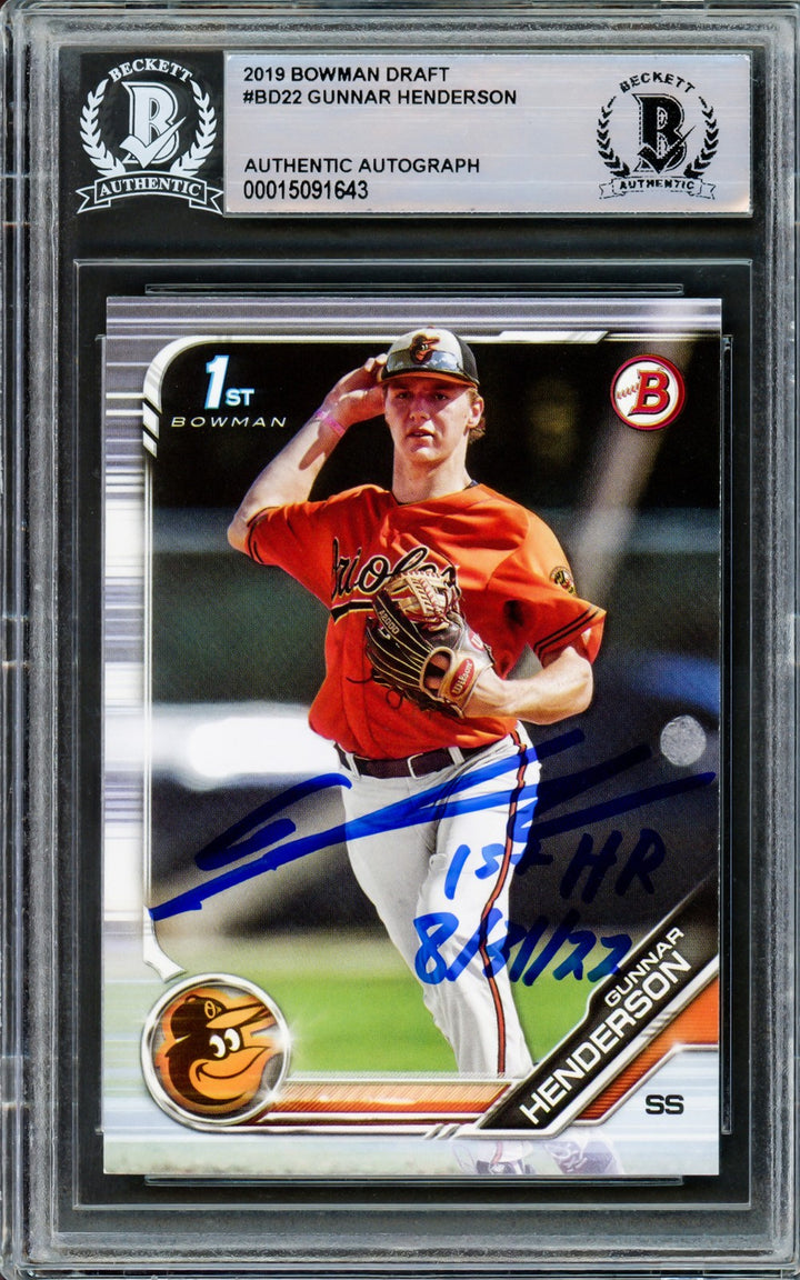 Gunnar Henderson Auto 2019 Bowman Draft RC BD-22 Orioles 1st HR 8/31/22 Beckett