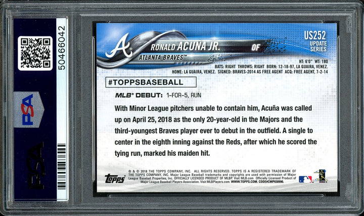 Ronald Acuna Jr Signed 2018 Topps Update RC US252 Auto 10 Card NM-MT 8 PSA/DNA