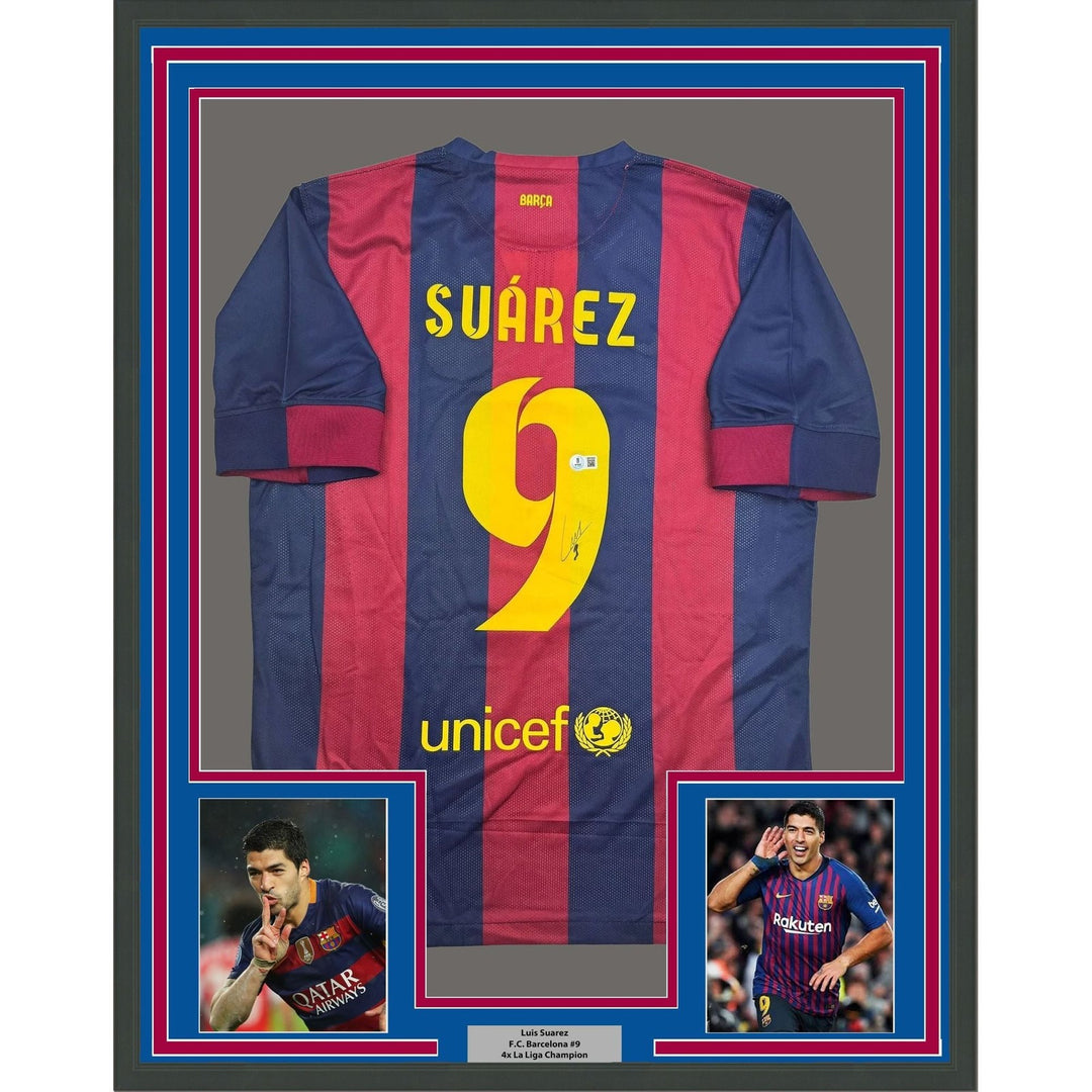 Framed Autographed/Signed Luis Suarez 35x39 FC Barcelona Jersey Beckett COA