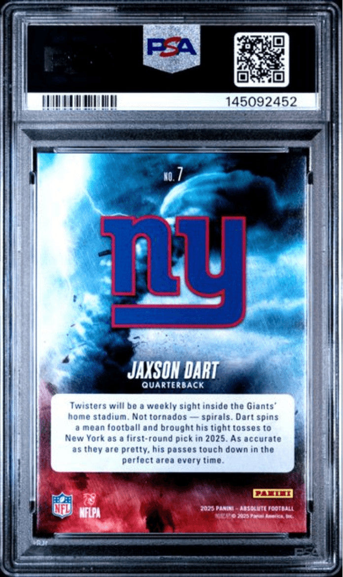 Graded 2025 Panini Absolute Jaxson Dart #7 By Storm RC Football Card PSA 10