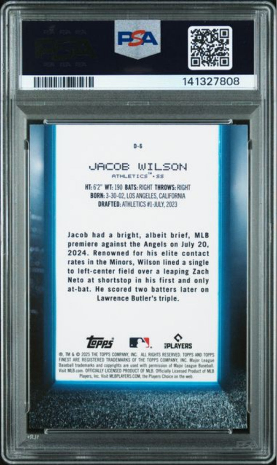 Graded 2025 Topps Finest Jacob Wilson #D6 Debut Rookie RC Card PSA 10 Gem Mint